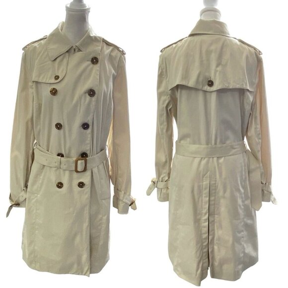 BROOKS BROTHERS Women 346 Trench Coat Size 12 Cream Long Line Button Belted - Picture 1 of 16